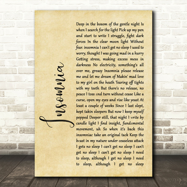 Faithless Insomnia Rustic Script Song Lyric Print