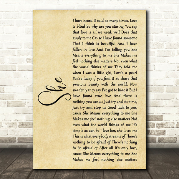 Jen foster She Rustic Script Song Lyric Print