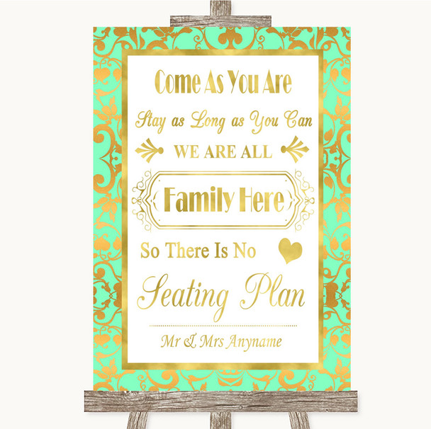 Mint Green & Gold All Family No Seating Plan Personalized Wedding Sign