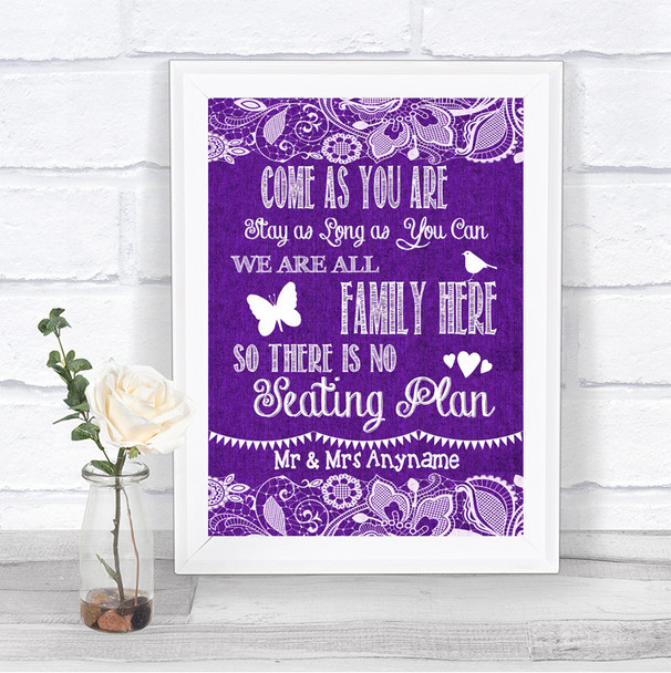 Purple Burlap & Lace All Family No Seating Plan Personalized Wedding Sign