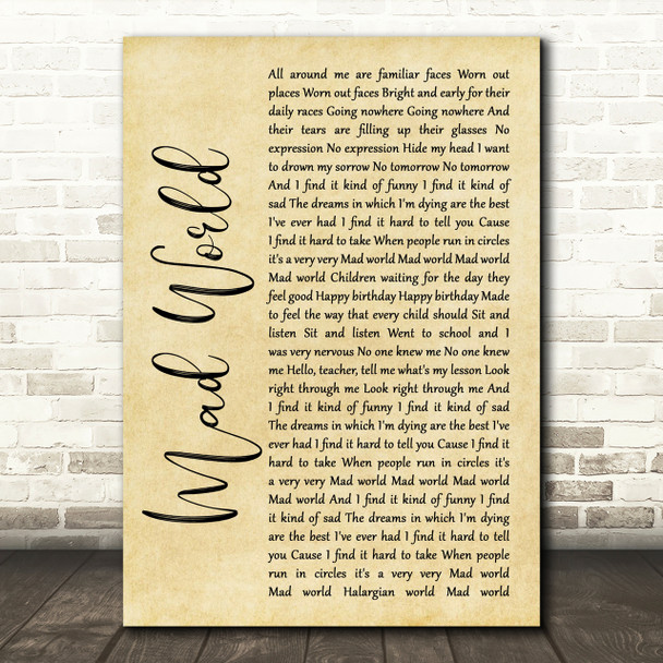 Tears For Fears Mad World Rustic Script Song Lyric Print