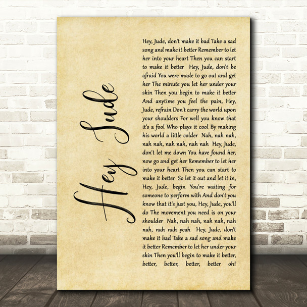 The Beatles Hey Jude Rustic Script Song Lyric Print