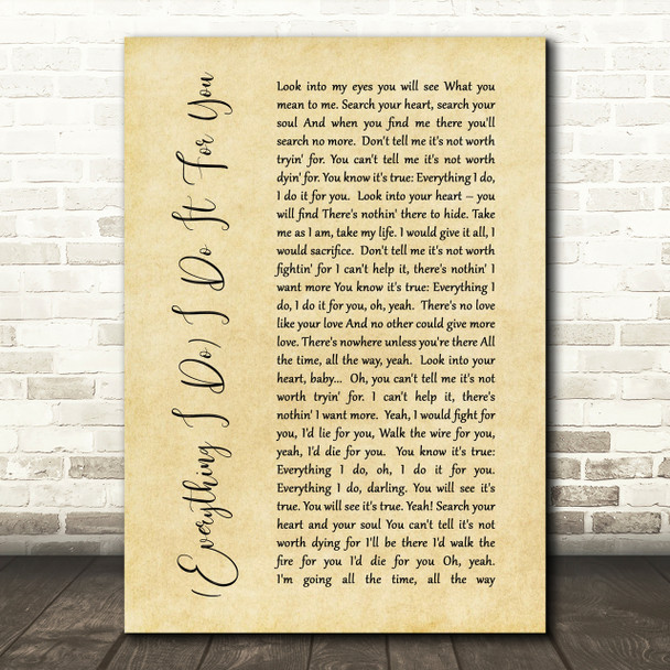 Bryan Adams Everything I Do I Do It For You Rustic Script Song Lyric Print