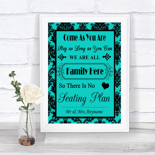Turquoise Damask All Family No Seating Plan Personalized Wedding Sign