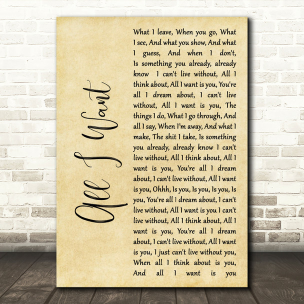 Staind All I Want Rustic Script Song Lyric Print