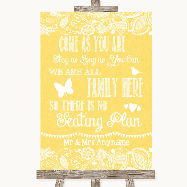 Yellow Burlap & Lace All Family No Seating Plan Personalized Wedding Sign