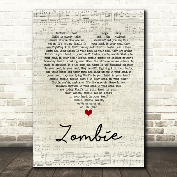 The Cranberries Zombie Script Heart Song Lyric Print