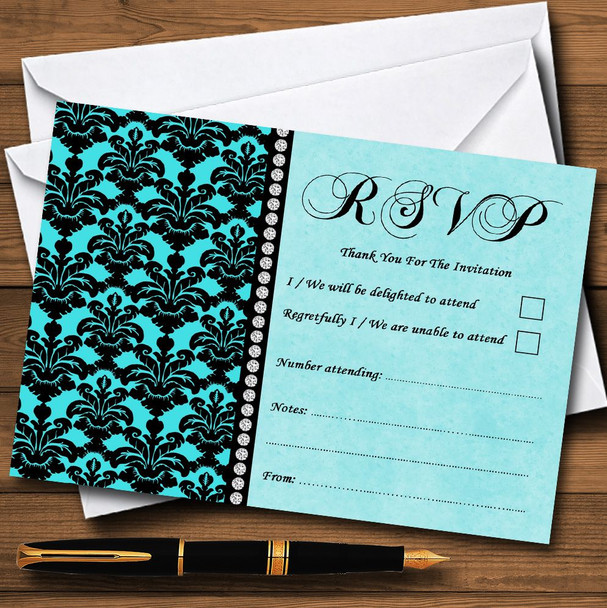 Aqua Sky Blue Black Damask & Diamond Personalized RSVP Cards