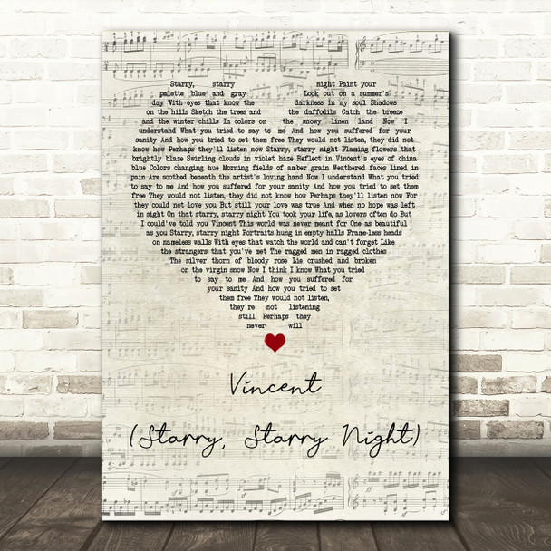 Don McLean Vincent (Starry, Starry Night) Script Heart Song Lyric Print