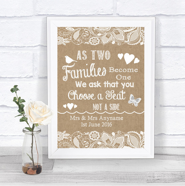 Burlap & Lace As Families Become One Seating Plan Personalized Wedding Sign