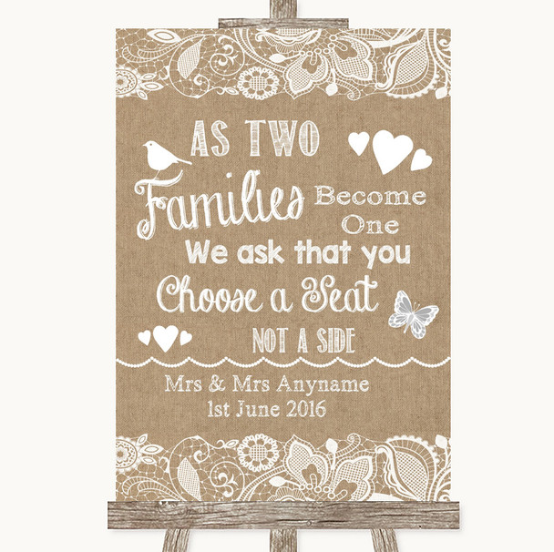 Burlap & Lace As Families Become One Seating Plan Personalized Wedding Sign