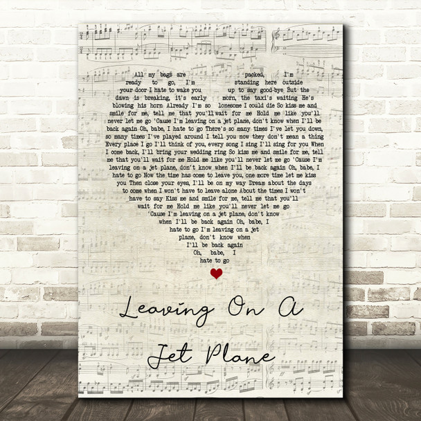 John Denver Leaving On A Jet Plane Script Heart Song Lyric Print