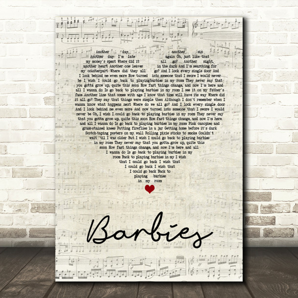 Pink Barbies Script Heart Song Lyric Print