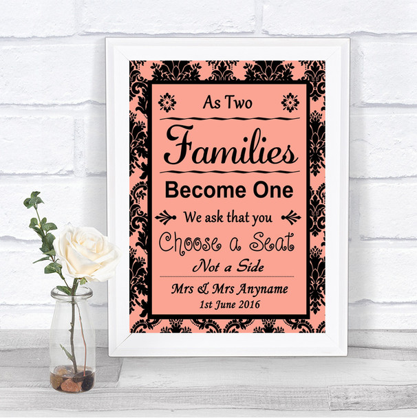 Coral Damask As Families Become One Seating Plan Personalized Wedding Sign