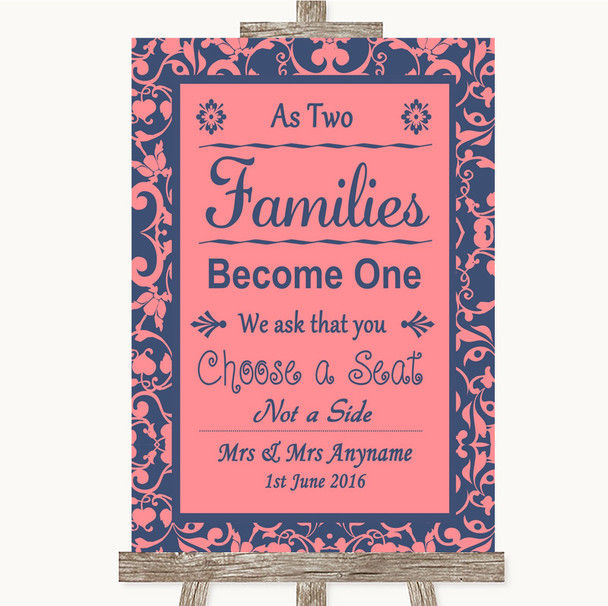 Coral Pink & Blue As Families Become One Seating Plan Personalized Wedding Sign