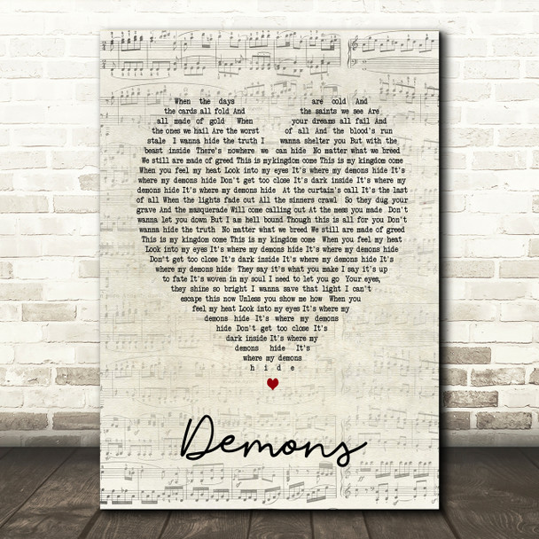 Demons Imagine Dragons Script Heart Song Lyric Print