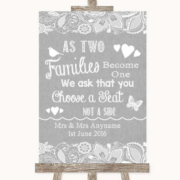 Grey Burlap & Lace As Families Become One Seating Plan Personalized Wedding Sign