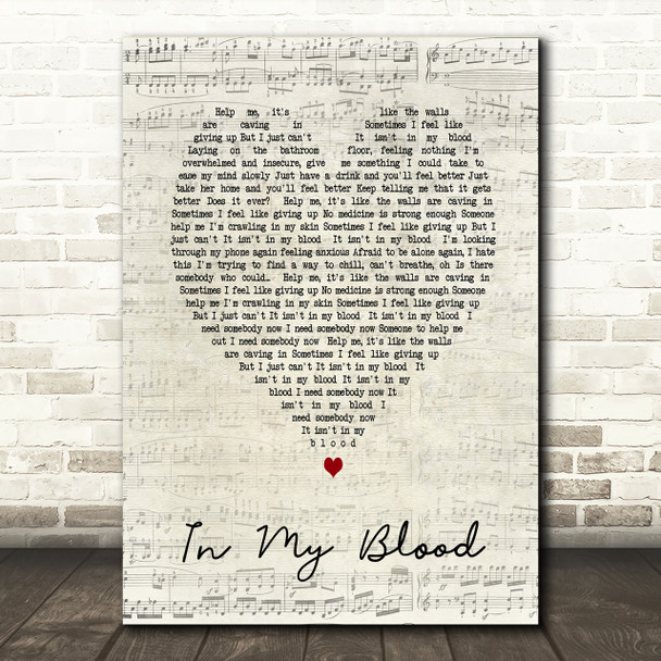 In My Blood Shawn Mendes Script Heart Song Lyric Print