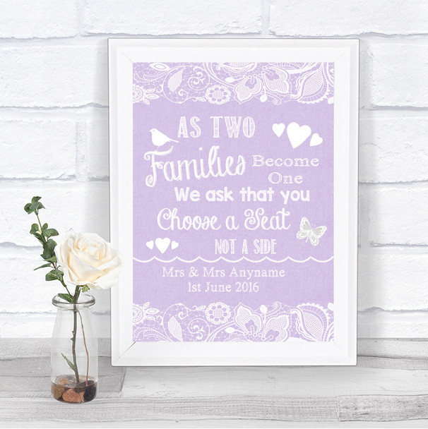 Lilac Burlap & Lace As Families Become One Seating Plan Wedding Sign