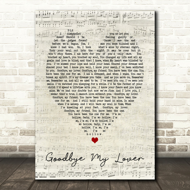 Goodbye My Lover James Blunt Script Heart Song Lyric Print