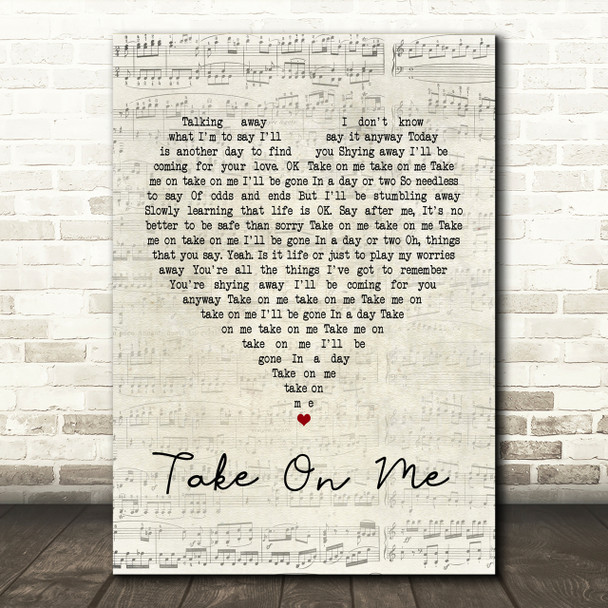 A-ha Take On Me Script Heart Song Lyric Print