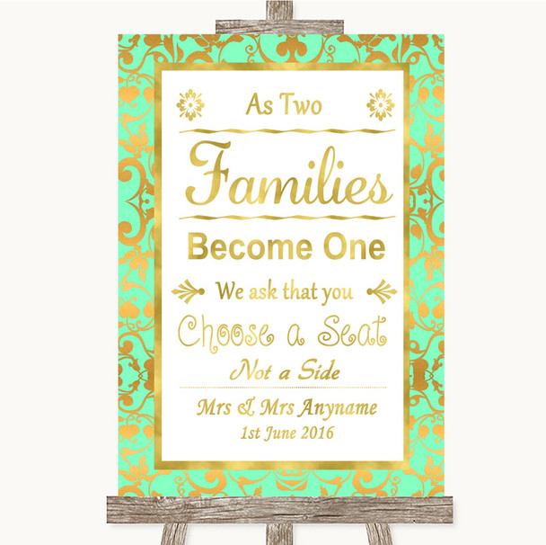 Mint Green & Gold As Families Become One Seating Plan Personalized Wedding Sign