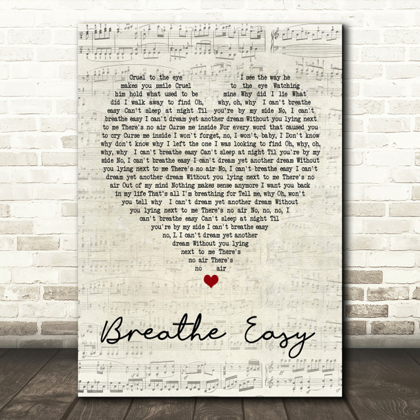 Blue Breathe Easy Script Heart Song Lyric Print