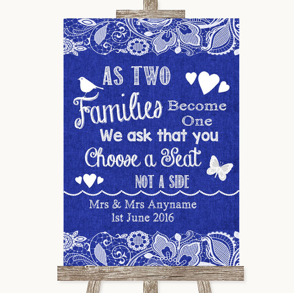 Navy Blue Burlap & Lace As Families Become One Seating Plan Wedding Sign