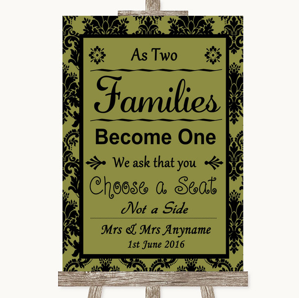 Olive Green Damask As Families Become One Seating Plan Personalized Wedding Sign