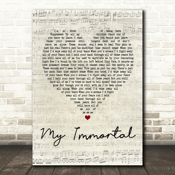 Evanescence My Immortal Script Heart Song Lyric Print