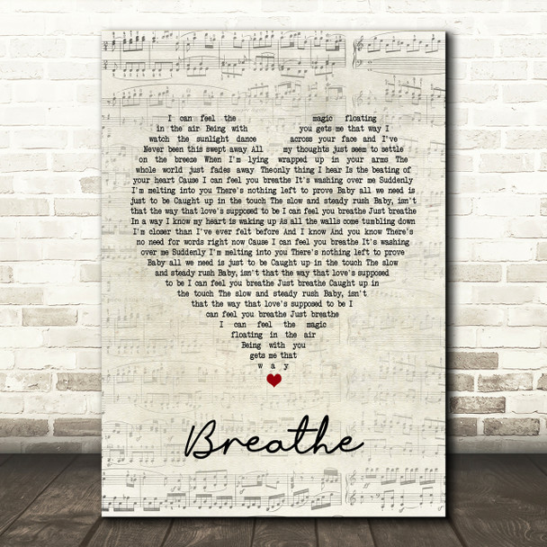 Faith Hill Breathe Script Heart Song Lyric Print