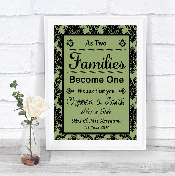 Sage Green Damask As Families Become One Seating Plan Personalized Wedding Sign