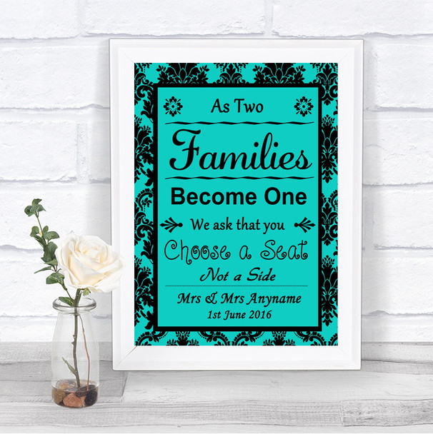 Turquoise Damask As Families Become One Seating Plan Personalized Wedding Sign