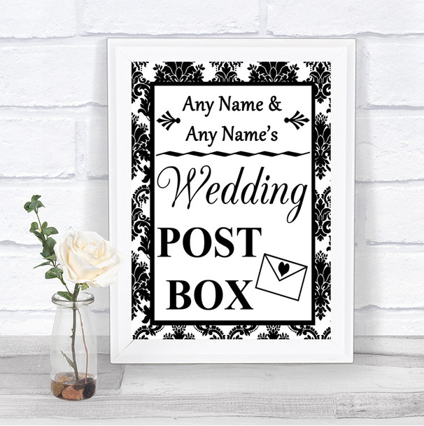Black & White Damask Card Post Box Personalized Wedding Sign