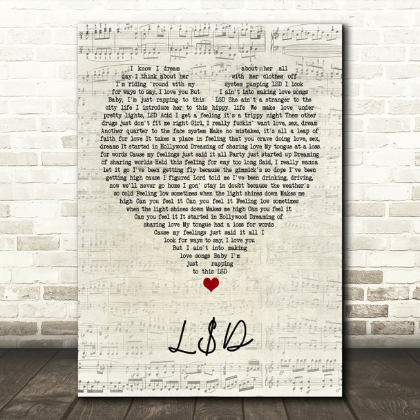 Asap Rocky L$D Script Heart Song Lyric Print