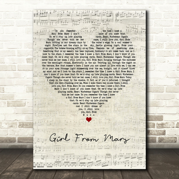 Ash Girl From Mars Script Heart Song Lyric Print