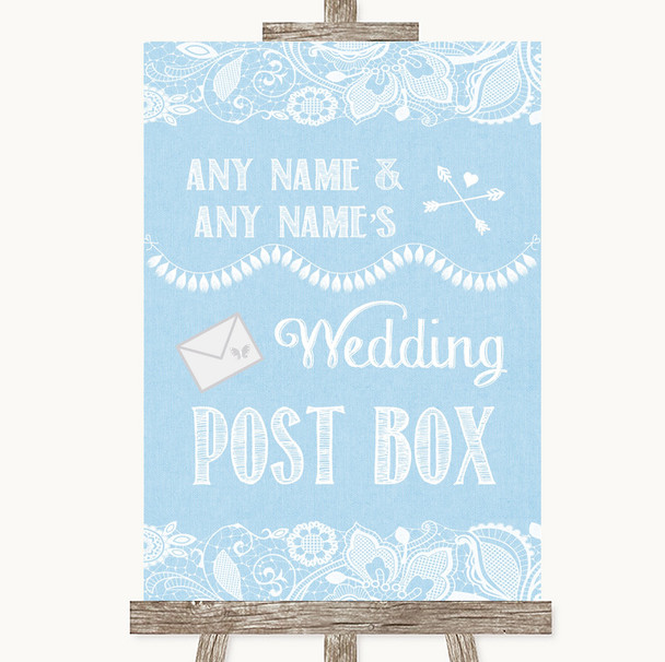 Blue Burlap & Lace Card Post Box Personalized Wedding Sign