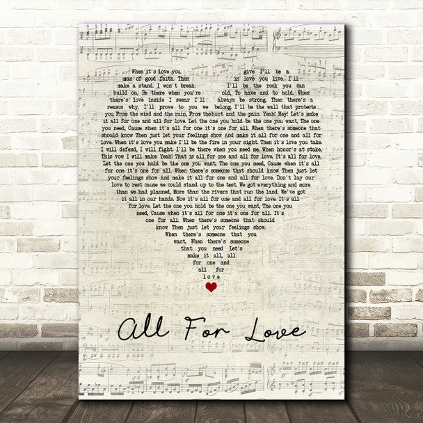 Bryan Adams All For Love Script Heart Song Lyric Print