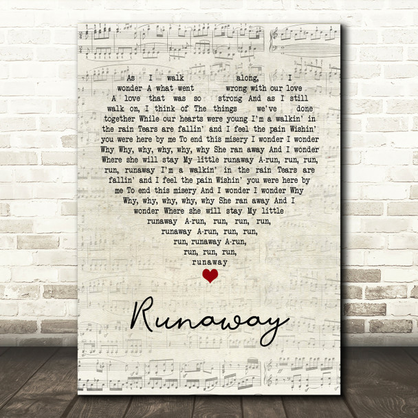 Del Shannon Runaway Script Heart Song Lyric Print