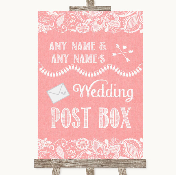 Coral Burlap & Lace Card Post Box Personalized Wedding Sign
