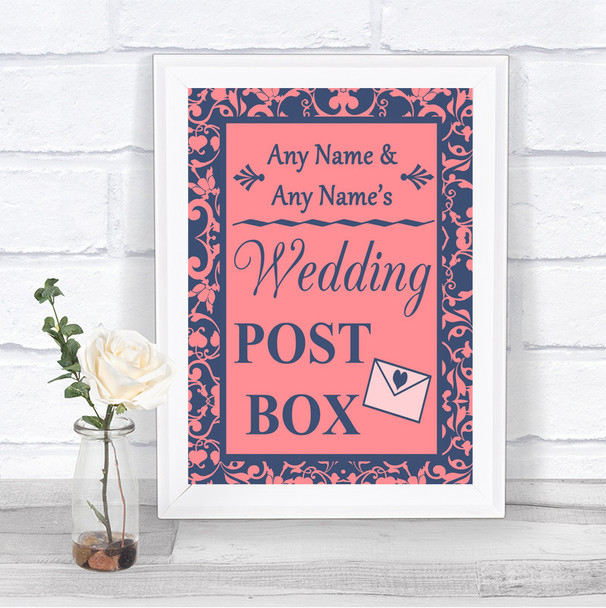 Coral Pink & Blue Card Post Box Personalized Wedding Sign