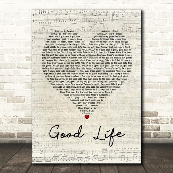 OneRepublic Good Life Script Heart Song Lyric Print
