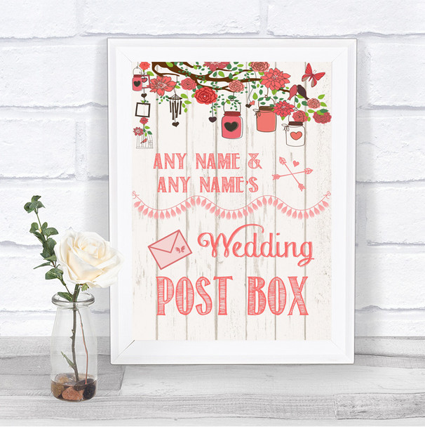 Coral Rustic Wood Card Post Box Personalized Wedding Sign