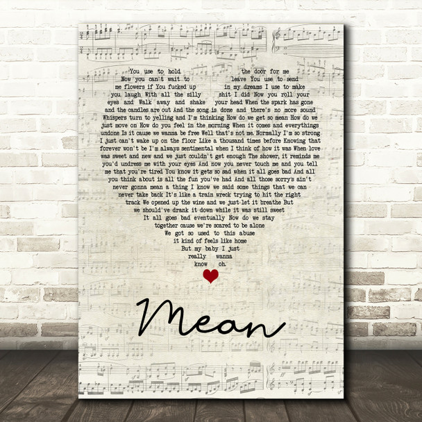 Pink Mean Script Heart Song Lyric Print
