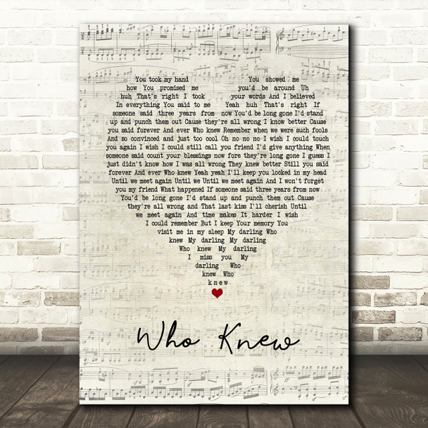Pink Who Knew Script Heart Song Lyric Print