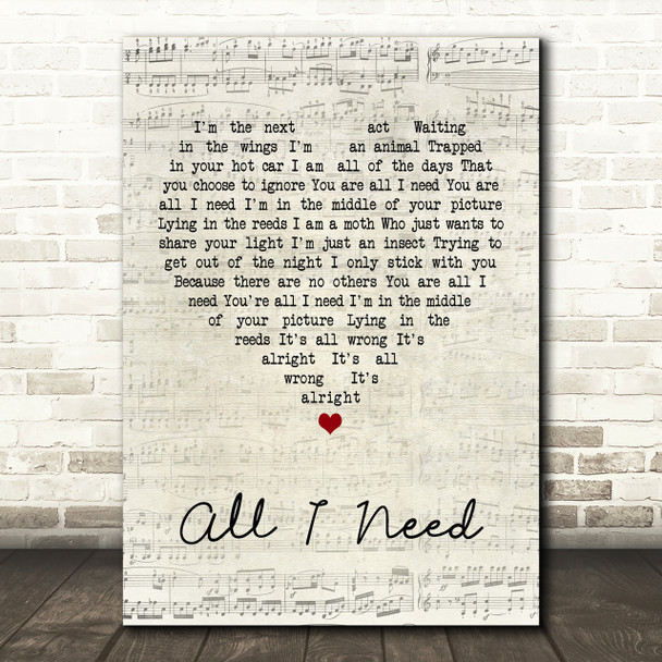 Radiohead All I Need Script Heart Song Lyric Print