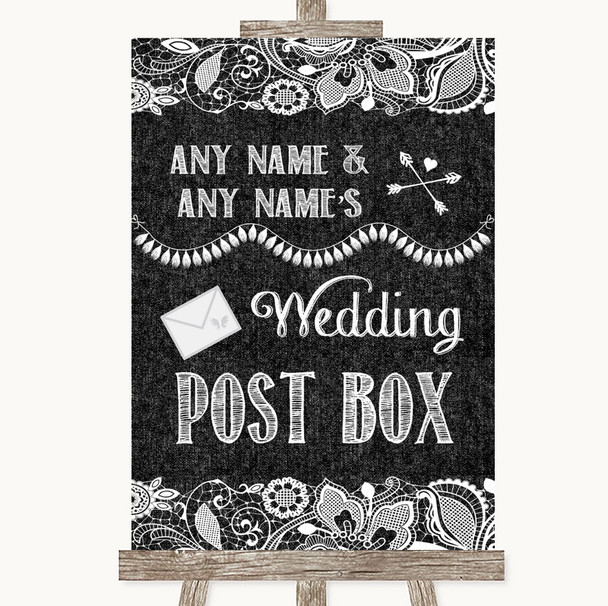 Dark Grey Burlap & Lace Card Post Box Personalized Wedding Sign