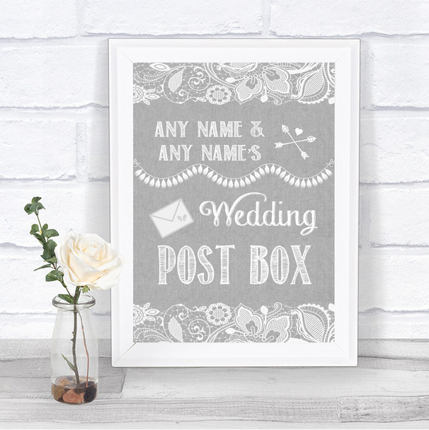 Grey Burlap & Lace Card Post Box Personalized Wedding Sign