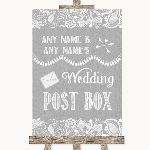 Grey Burlap & Lace Card Post Box Personalized Wedding Sign