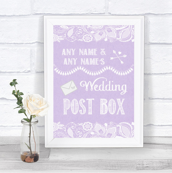 Lilac Burlap & Lace Card Post Box Personalized Wedding Sign